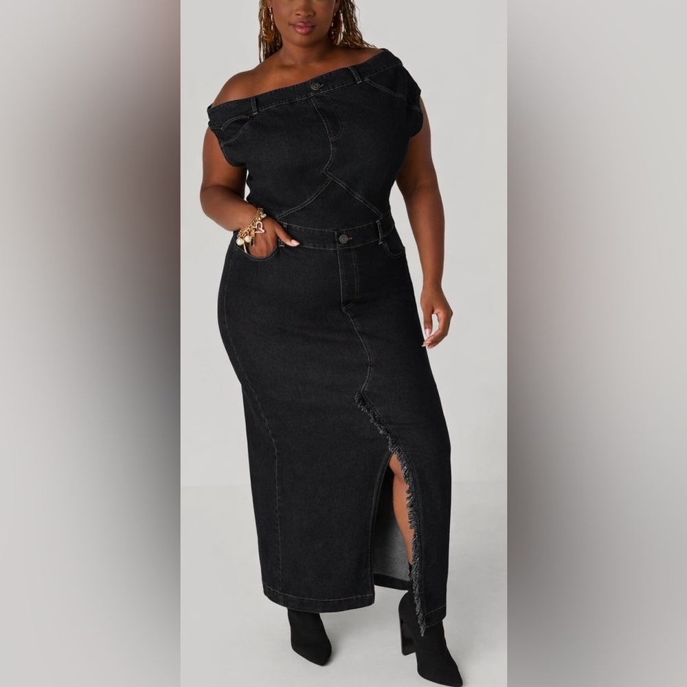 Ashley Stewart black off the shoulder maxi denim dress. NWT
